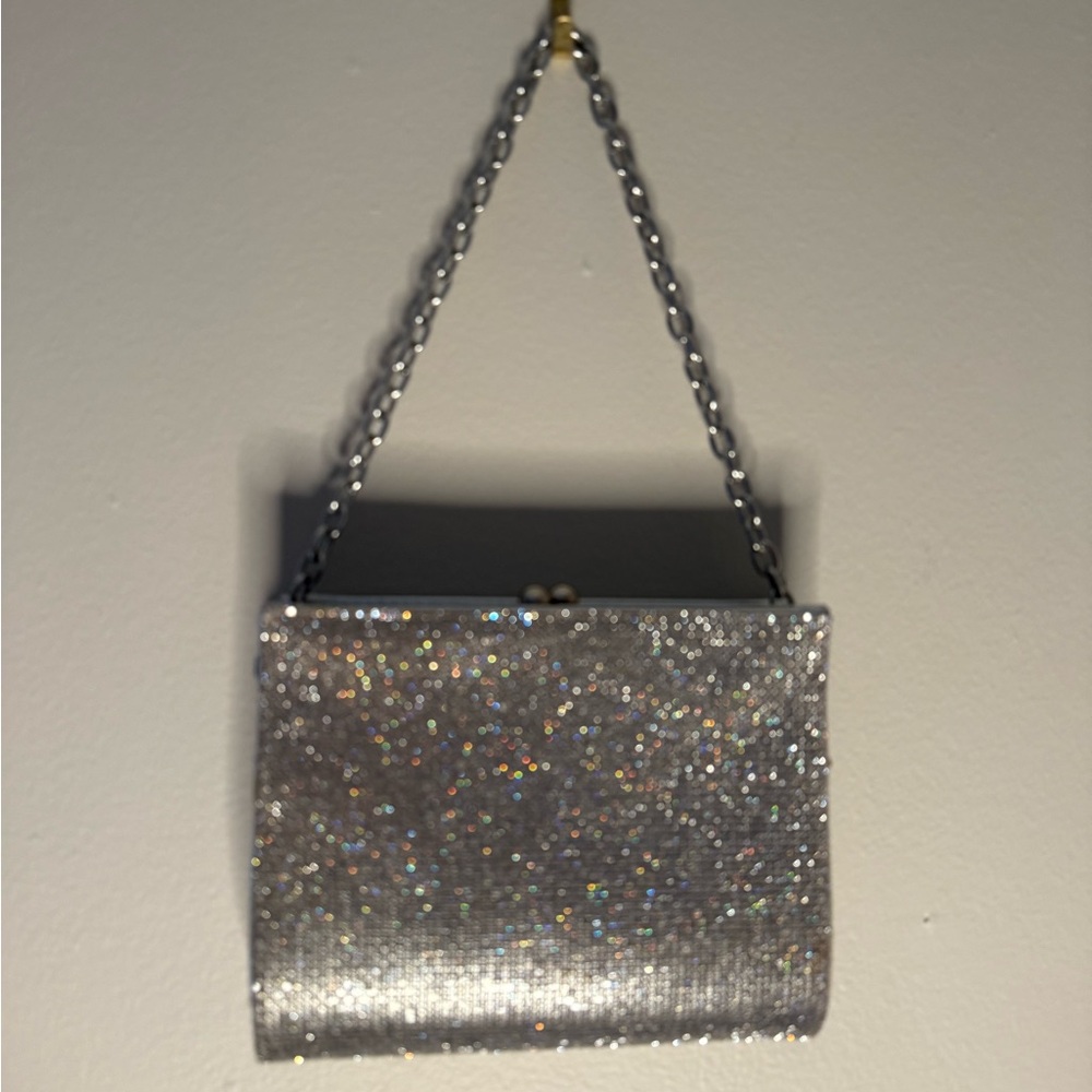 Silver Glitter Clutch with Chain Strap